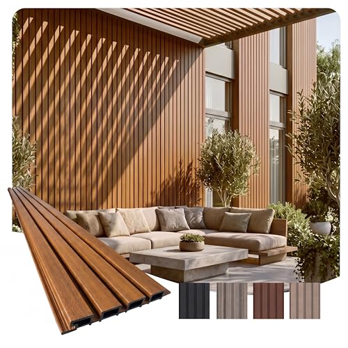 From Plain to Beautiful in Hours WPC Exterior Wall Slat Panels Waterproof Outdoor Composite Siding Cladding 94.5 in x 8.62 in 28.3 sq.ft Light Walnut and Black 5 Pack