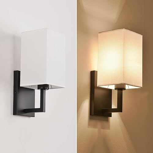 Miniatura 6 de Deamakk Moderno juego de 2 apliques de pared, lámpara de pared industrial con pantalla cuadrada de tela blanca, lámpara de pared estilo vintage E26