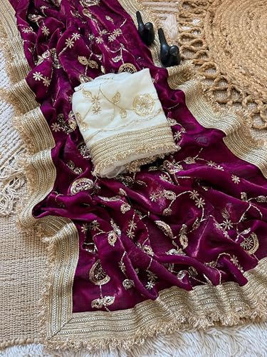 Image of 'Women's Space Sattin Bits Sequence Work Saree With Contrast Running Blouse | Embroidered Work Saree with Golden Floral Thread Work & Designer Border | Party Wedding Saree