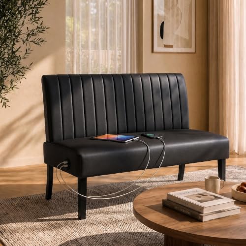 Image of Armless Accent Chair Loveseat, Small Sofa, Black Faux Leather, Modern