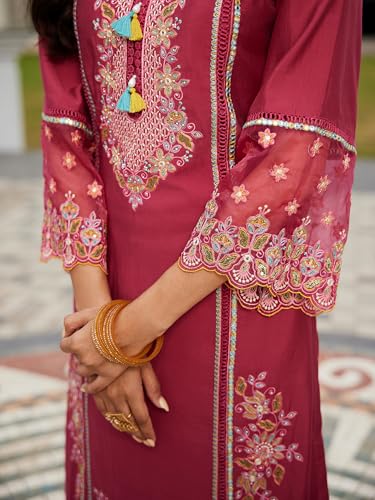 Image of INDO ERA Women's Silk Blend Embroidered Straight Kurta Pant with Dupatta (Ieout6967)