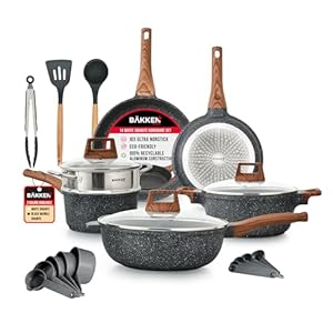 Bakken-Swiss 14-Piece Kitchen Cookware Set – Granite Non-Stick – Eco-Friendly – for All Stoves & Oven-Safe – Marble coatin