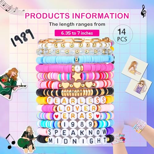 14Pcs Friendship Bracelets, Inspired Letter Bracelets Set, Colorful Stretchy Heishi Preppy Bracelets, Singer Music Lovers Fans Concert Merch Gifts for Women Favors2