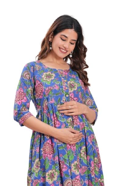 Women's Cotton Floral Printed Maternity Feeding White Kurti with Zipper – Comfortable Maternity Gown for Women, Ideal Feeding Dress, Soft and Stylish Nursing Wear-image-42