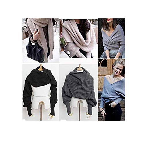 Fashion Elegant Women Knitted Sweater Tops Scarf with Sleeve Wrap Winter Warm Shawl Scarves3