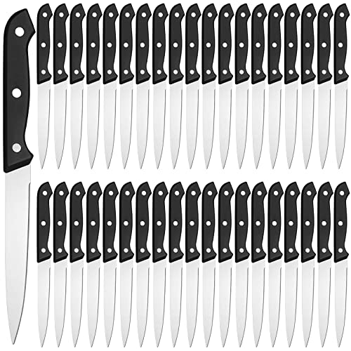 Lasnten 50 Pcs Fine Edge Steak Knife Set 8.67 Inches Stainless Steel Steak Knives Rust Resistant Non Serrated Steak Knives Triple Riveted Straight Table Dinner Knives for Cutting Meat, Black