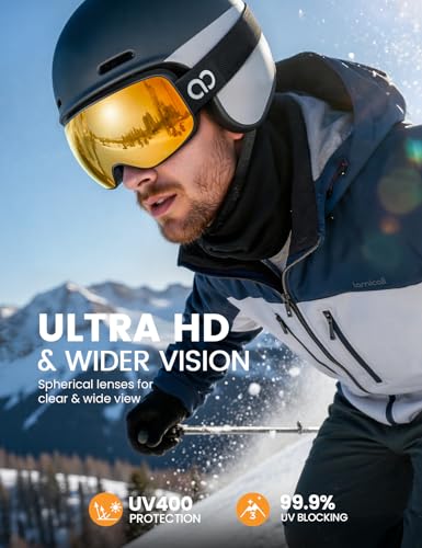 Lamicall Gogle narciarskie mężczyzn, Gogle snowboardowe OTG kobiet - [Ultra HD & Szersze widzenia] LIDER gogli antyparowych noszących okulary, Luster polaryzowane gogle ochronne, Gogle śnieżne UV400