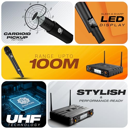 Image of DIGIMORE Dual Wireless Microphone System | 324ft Range | Metal Body | Cardioid Pickup | XLR Bal + 6.35mm UnBal Outs | for Singing, Live Events, Church, DJ & Karaoke (D-310 Pro)