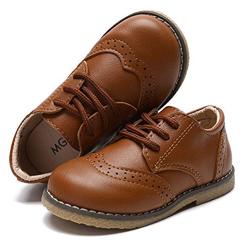Timatego Toddler Boys Girls Oxford Shoes Pu Leather Lace Up School Loafer Flats Baby Infant Uniform Dress Shoes(Toddler/Little Kid) 7.5 Toddler, 01 Brown #TOP2