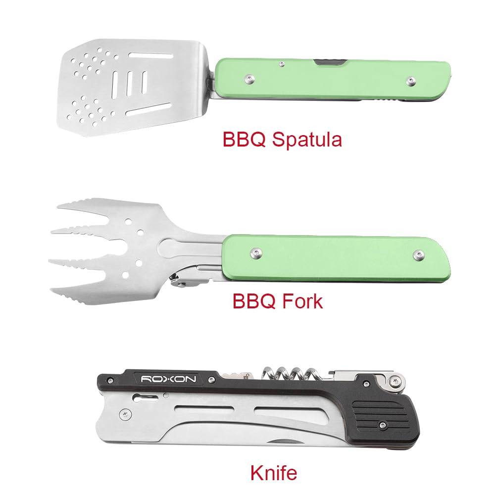 ROXON S601 14-Zoll 6-in-1 MBT3 Faltbares Grillbesteck Set (Grün) | Gabel, Pfannenwender, Grillmesser, Zange, Öffner – für Grillpartys im Garten und Camping (Grün)
