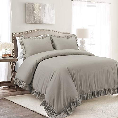 Image of Lush Decor Reyna Ruffle Cotton Duvet Cover Set 3 Piece Set Full / Queen, Gray - Queen Size Bedding Set - Gray Duvet Queen- Ruffled Bedding - Coquette Decor