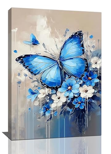 Crekviy Blue Butterfly Flower Wall Art Vintage Butterfly Pictures Wall Decor Canvas Prints Painting Artwork Decoration Girls Gifts for Bathroom Bedroom Living Room Framed 20"x24"