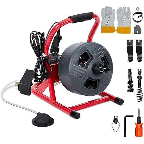 PIONEERWORKS 50Ft x 5/16 Inch Drain Cleaner Machine, Professional Electric Drain Auger for 3/4-3 Inch Pipes, Foot Switch with 6 Cutters, Gloves, Drain Auger Cleaner Sewer Snake - DA04 Cover