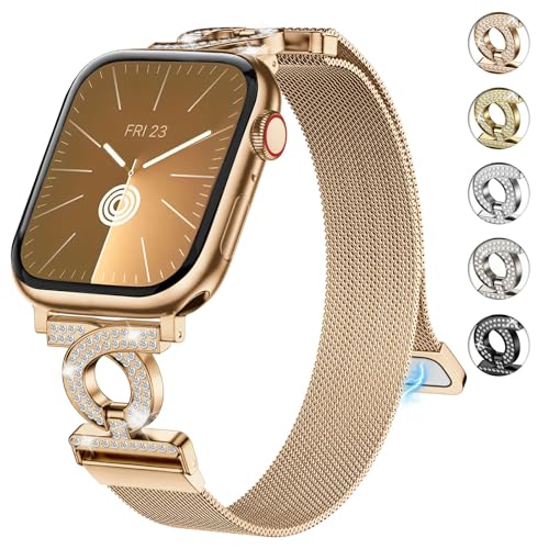 wutwuk Compatible with Apple Watch Straps Women 42(Series 10) 41mm 40mm 38mm Adjustable Magnetic Lock Mesh Stainless Steel Strap with Rhinestones for iWatch SE/11/10/9/8/7/6/5/4/3/2/1-Rose Gold