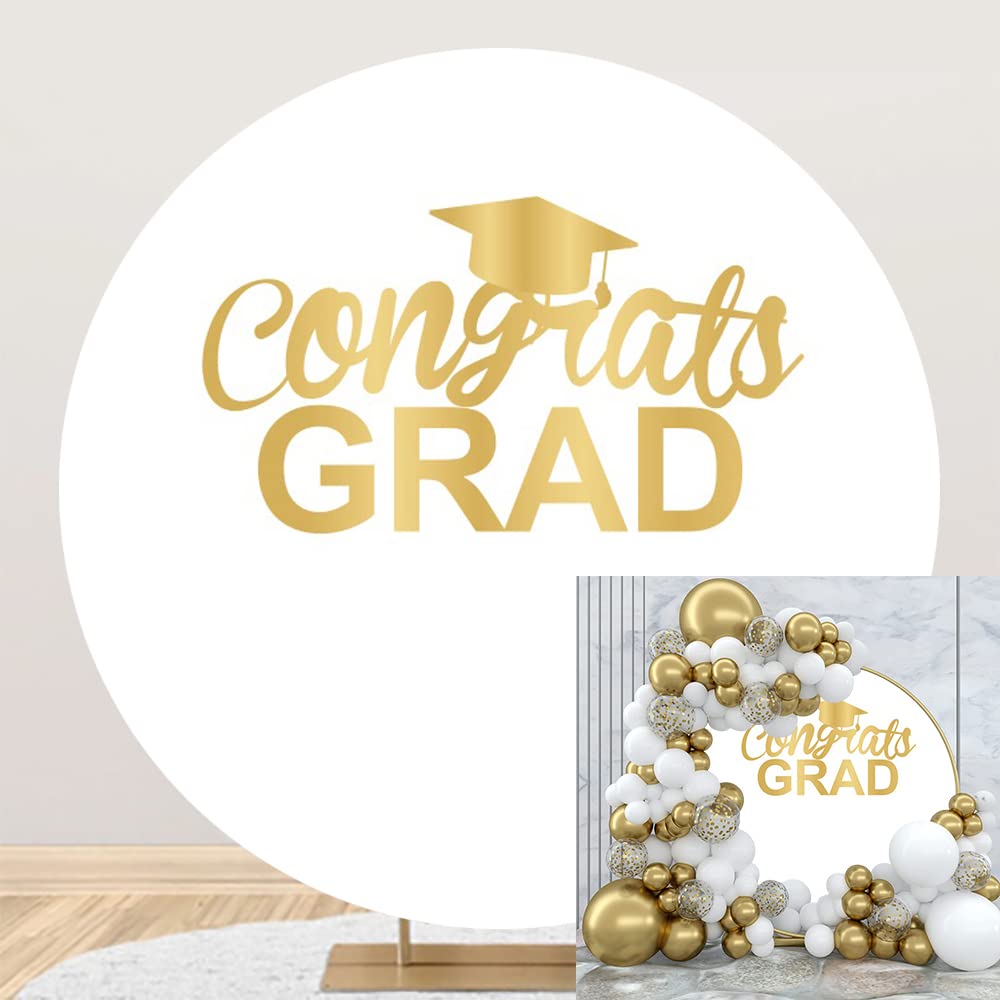 OERJU Congrats Grad Round Backdrop 6.5x6.5ft Trencher Cap Graduation Round Backdrop Cover White and Gold Congratulations Graduates Graduation Party
