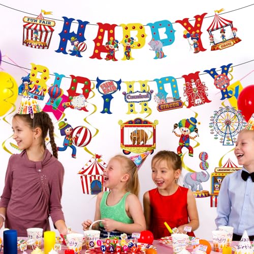 Image of Circus Carnival Birthday Party Decorations - Yoyuspy 10PCS Circus Theme Party Decorations Happy Birthday Banner Hanging Swirls Funny Carnival Party Decor Clowns Theme Party Supplies for Kids