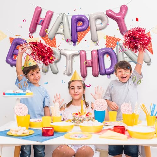 Image of Pink Purple Happy Birthday Balloon Banner Set -16 Inch Foil Letters Balloons, Reusable Birthday Decorations and Party Supplies, Suitable for Men and Women's Birthday Decorations，Party Backdrop