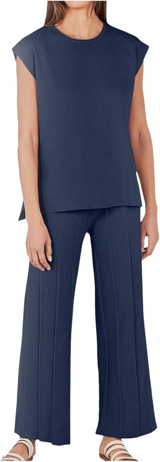 PTOLOCIF Women 2 Piece Outfits Summer Casual Sweater Set Knit Loungewear Cap Sleeve Pullover Top and Wide Leg Pants Tracksuit
