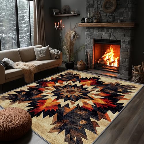 Yoozitrees Aztec Rug for Living Room - Native American Tribal 5x7 Geometric Rustic Area Carpet, Southwestern Ethnic Washable Non Slip Soft Large Home Decor