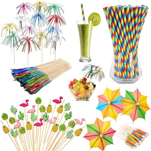 Catelves 140 Stück Cocktail Deko, Cocktail Zubehör Deko, Cocktail Schirmchen, Cocktail Zubehör, Cocktailschirmchen, Cocktail Dekoration, Schirmchen Cocktail, Cocktail Deko Strohhalme,Deko Schirmchen
