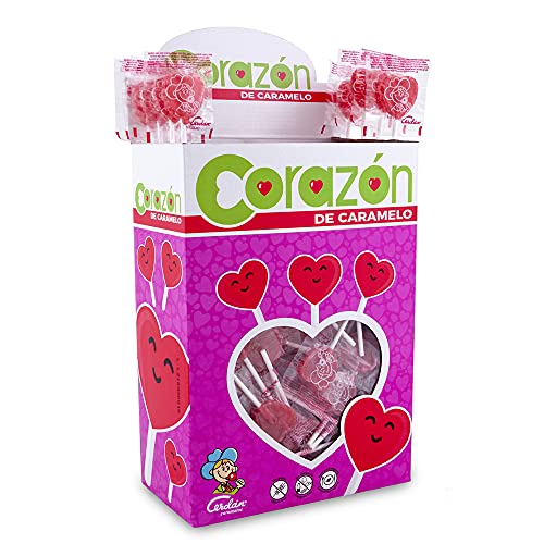 Caramelos Cerdán - Piruletas Mini Corazón Sabor Cereza | Estuche de 200 Unidades | Caramelo Duro con Palo sin Gluten ni Alérgenos | Ideal para Fiestas, Eventos y Cumpleaños