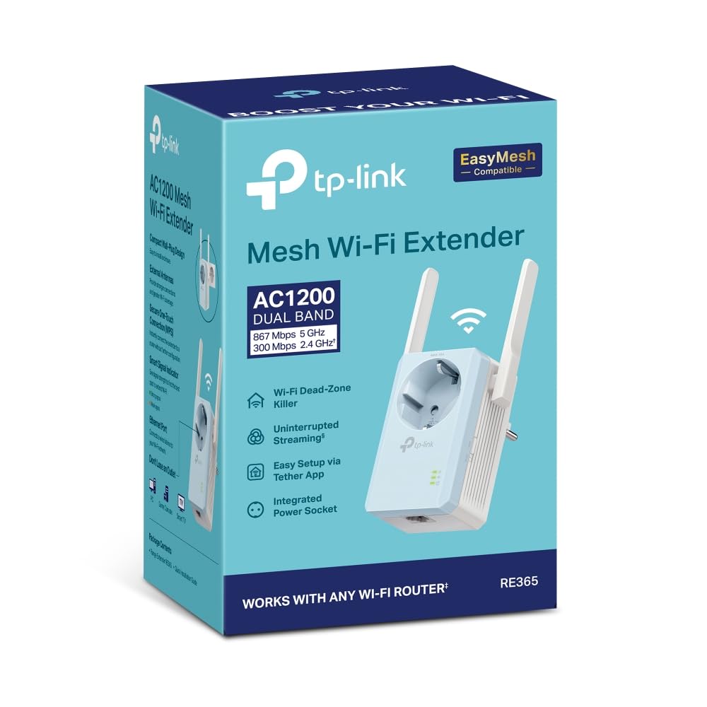 TP-Link RE365 | Wzmacniacz sygnału Wi-Fi AC1200 z przelotowym gniazdem elektrycznym | Dwupasmowy | Prędkość do 1200 Mb/s | Zintegrowane gniazdo zasilania | Inteligentny wskaźnik sygnału