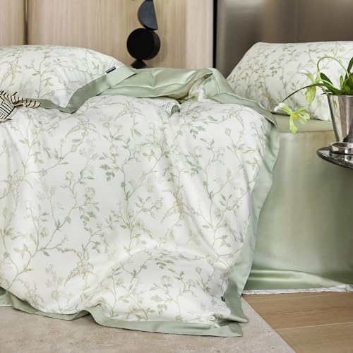 VM VOUGEMARKET Eucalyptus Lyocell Duvet Cover with 2 Pillow Shams,Vintage Garden Flower Bedding Set,Silky Soft, Cool-to-The-Touch Comforter Cover for Summer-King,Mint Green