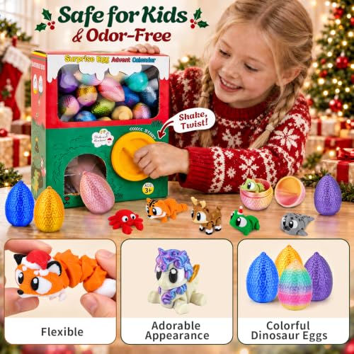 2026 Christmas Advent Calendar 24Pcs Surprise Eggs with 3D Printed Animals | 24 Days Xmas Countdown Vending Machine, Big Eyes Animals, Flexible, Fidget Toys, For Kids Boys Girls Xmas Party Favors Gifts - image 3