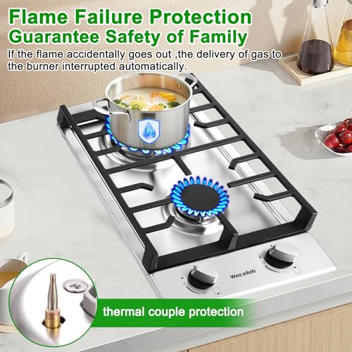 Image of 2 Burner Gas Cooktop, 12 Inch Built-in Gas Stove Top, NG /LPG Convertible Stainless Steel Propane Stove, Electronic Auto Ignition & Heavy-Duty Cast Iron Grates for Kitchen, Apartment, RV, Outdoor