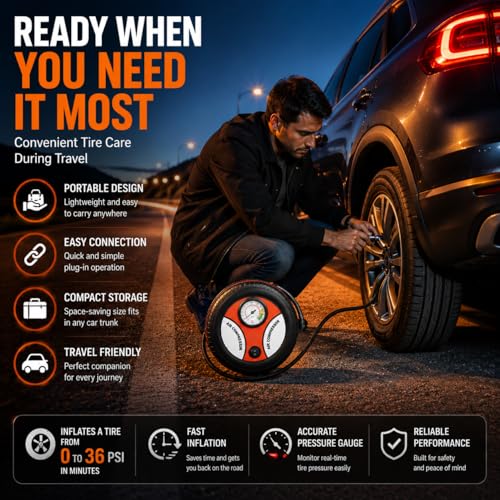 Image of 12V DC Portable Air Compressor Tire Inflator Pump with Analog Pressure Gauge | Car Tyre Air Pump for Cars, Bikes, Scooters & Cycles | Emergency Roadside Air Inflator with Nozzle Adapters