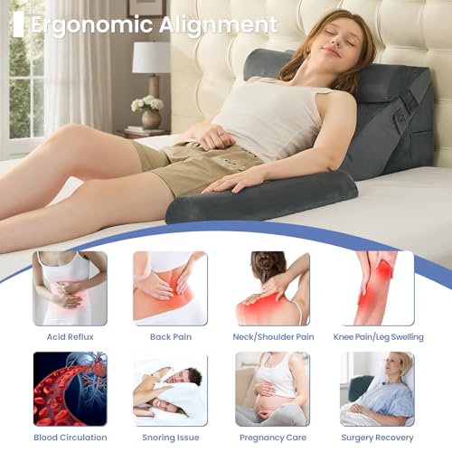 Image of Sasttie Wedge Pillow Set for After Surgery, 3PCS Adjustable Bed Wedge Pillow Headboard with Memory Foam Neck Cushion - for Acid Reflux, Sleeping, Neck & Back Support, Velvet & Dark Grey
