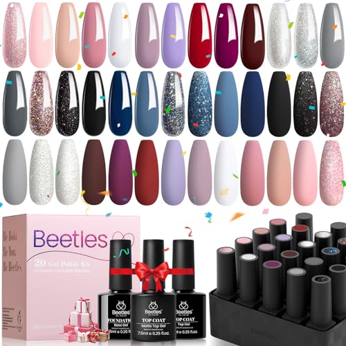 Beetles Gel Nail Polishes- 20 Pcs Gel Nail Polish Set Modern Muse Soak Off Nail Gel Polish Nude Gray Pink Blue Glitter Black Starter Kit with Glossy Matte Top Coat Base Coat