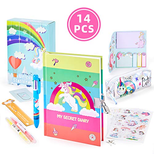 Paochocky 14 PCS Conjunto de Papelería Unicorn, Cuaderno de Diario Secreto, Estuche de Lápiz, Nolígrafo 6 en 1, Resaltadores, Regla, Nota Pegajosa, Marcador Pegatinas Grandes Regalos para Niñas Niños