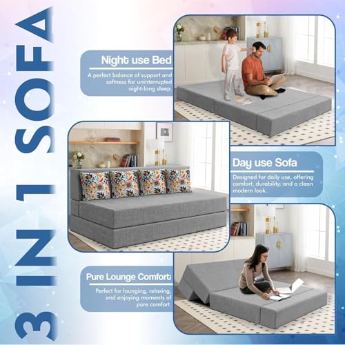 Image of Los Angeles Foldable Four Seater Sofa Cum Bed, Sofa Bed 6 X 6 Feet Jute Fabric Washable Cover Including 4 Cushion Perfect for Living Room & Office, Guest Room - Grey Color