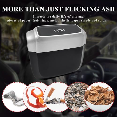 Image of Car Trash Can with Lid, Mini Hanging Push Car Garbage Container with 30 Trush Bags, Portable Leakproof Rubbish Organizer for Most Vehicles Office Home, Car Accessories (Silver)
