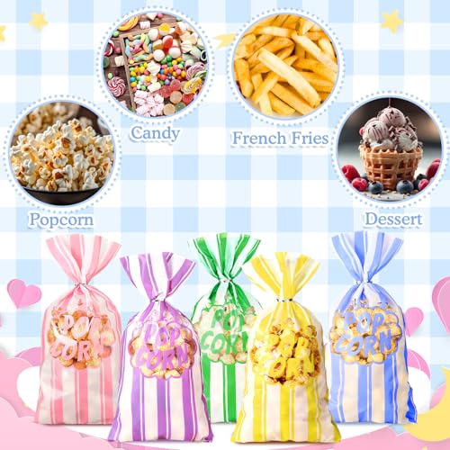 Image of 200 Pcs Popcorn Bags Bulk Movie Night Pop Corn Plastic Bags for Popcorn Machine Pop Corn Snack Containers with Twist Ties for Carnival Graduation Party Supplies (Pretty,Pastel)