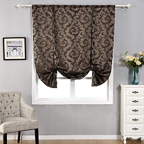 Napearl Jacquard Tie Up Curtains For Kitchen, Ajustable Balloon Shades For Windows, Fabric Semi-Blackout Valance Curtains For Bathroom Small Window, 1 Panel ( 42W X 63L, Dark Brown ) #TOP16