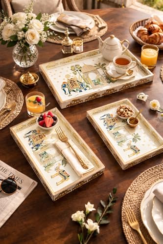 Image of Premium Wooden Serving Tray Set of 3 | Ethnic Indian Art Printed Tea, Coffee & Snack Trays | Decorative Multipurpose Home & Kitchen Serving Tray (C-03)