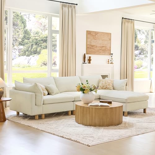 Image of CHITA 127 inch Large Sectional Sofa, Modular Cloud Couch, 5 Seater, Cream | Large Sectional Couches，Down Filled, High Density Foam, Super Large，Modular Cloud Couch