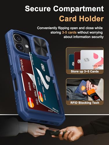 Image of Vihibii for iPhone 16 Wallet Case with Card Holder (4 Cards) [RFID Blocking] & Slide Camera Cover & Raised Edges Protect Screen, Shockproof Rugged Phone Case for iPhone 16 6.1 inch 2024, Blue