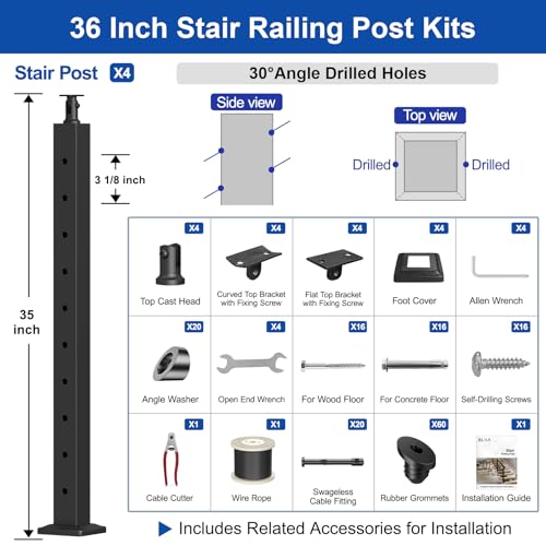 Image of BLIKA 15FT-25FT Complete Set 36 inch Stair Railing Post Kits, Adjustable Angle Line Post (25 to 35), Black Swageless Cable Railing System Include 4 Stair Posts, 300FT 1 /8 inch Stainless Cable(No Handrail)