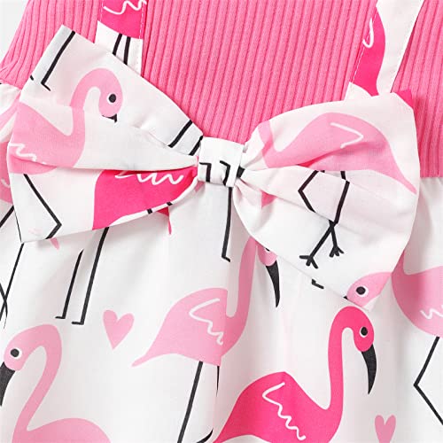 Patpat 2Pcs Baby Girl Dress Bow Front Allover Flamingo Print & Solid Spliced Ruffle Sleeve Dress & Headband Set Roseo 12-18 Months #TOP3