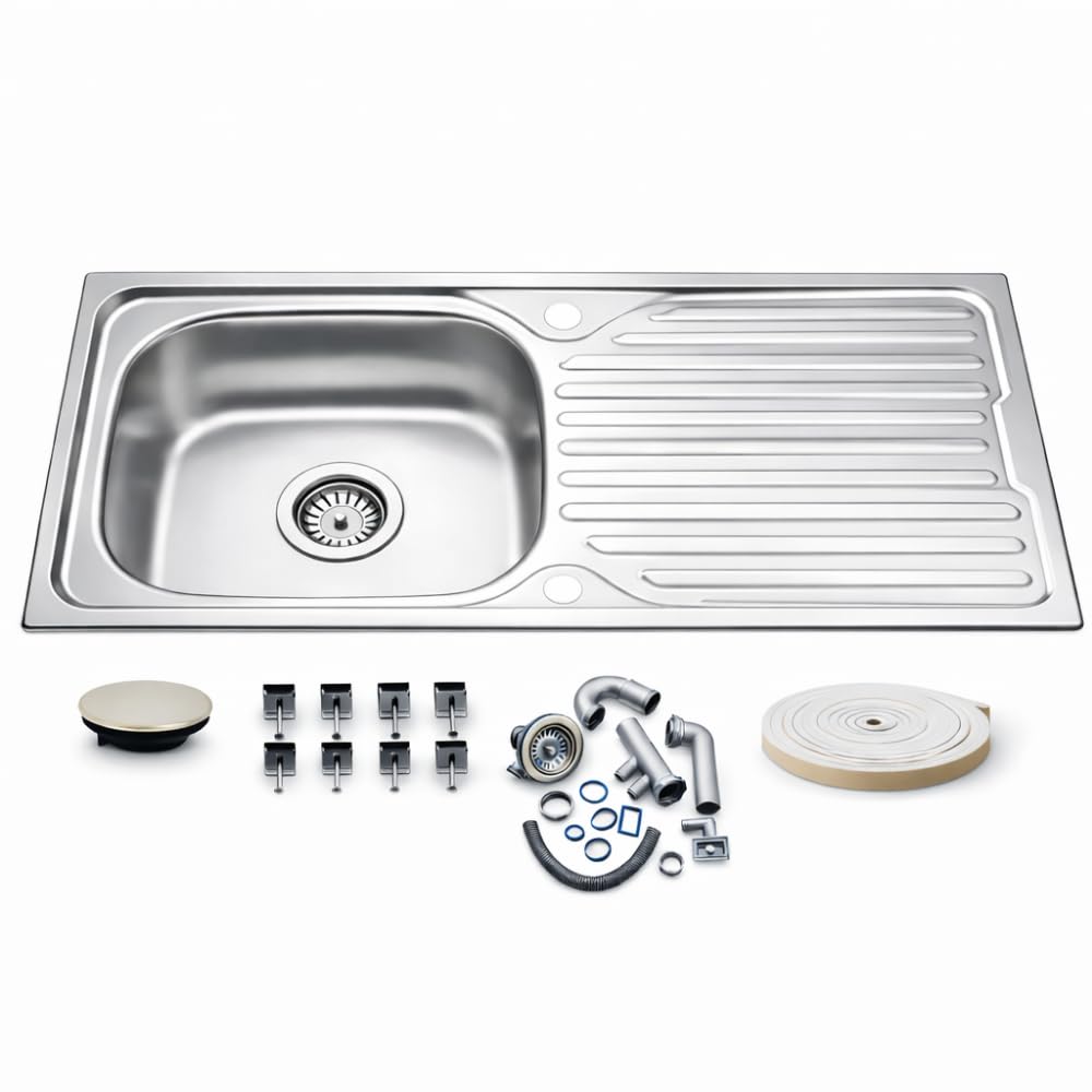 Evier Inox 1 Bac en acier inoxydable 76 x 43,5 cm – Évier encastrable – Avec siphon, trou de robinet et égouttoir