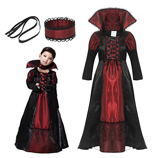 Cloudkids Disfraz Vampiresa de Niña 10-12 Años, Halloween Disfraz de Vampiro Niña Chica, Talla XL, Color Rojo y Negro