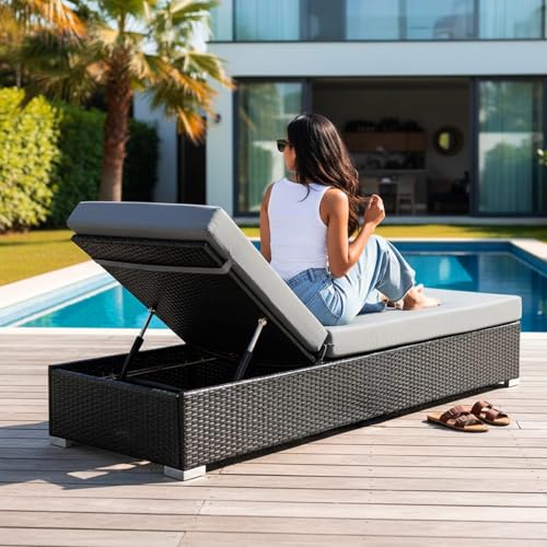 Image of DEVOKO Outdoor Rattan Wicker Sun Lounger Recliner for All Weather Comfort with Durable Metal Frame Ideal for Garden, Deck, Lawn, Poolside (Black & Grey)