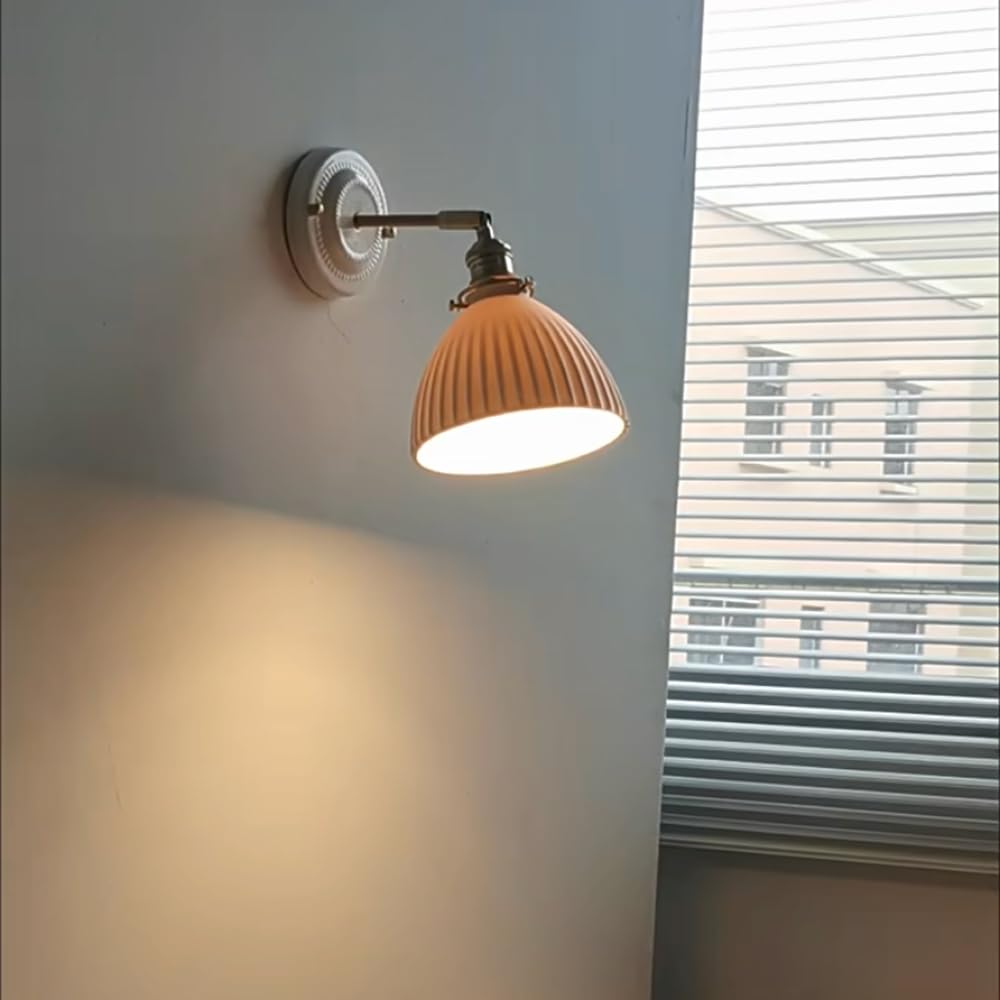 Applique da Parete in Ottone Vintage Industriale con Paralume in Ceramica a Righe, Base in Ceramica con Motivo Dipinto, apparecchio di Illuminazione per la casa Girevole a 350° e Pieghevole a 180