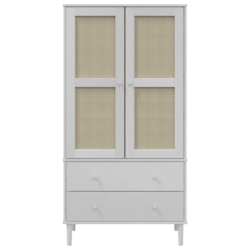 Szafa na ubrania SENJA biała o wyglądzie rattanu z litego drewna sosnowego, 90 x 55 x 175 cm, z szufladą i miejscem do przechowywania, do sypialni, korytarza, pokoju młodzieżowego i garderoby