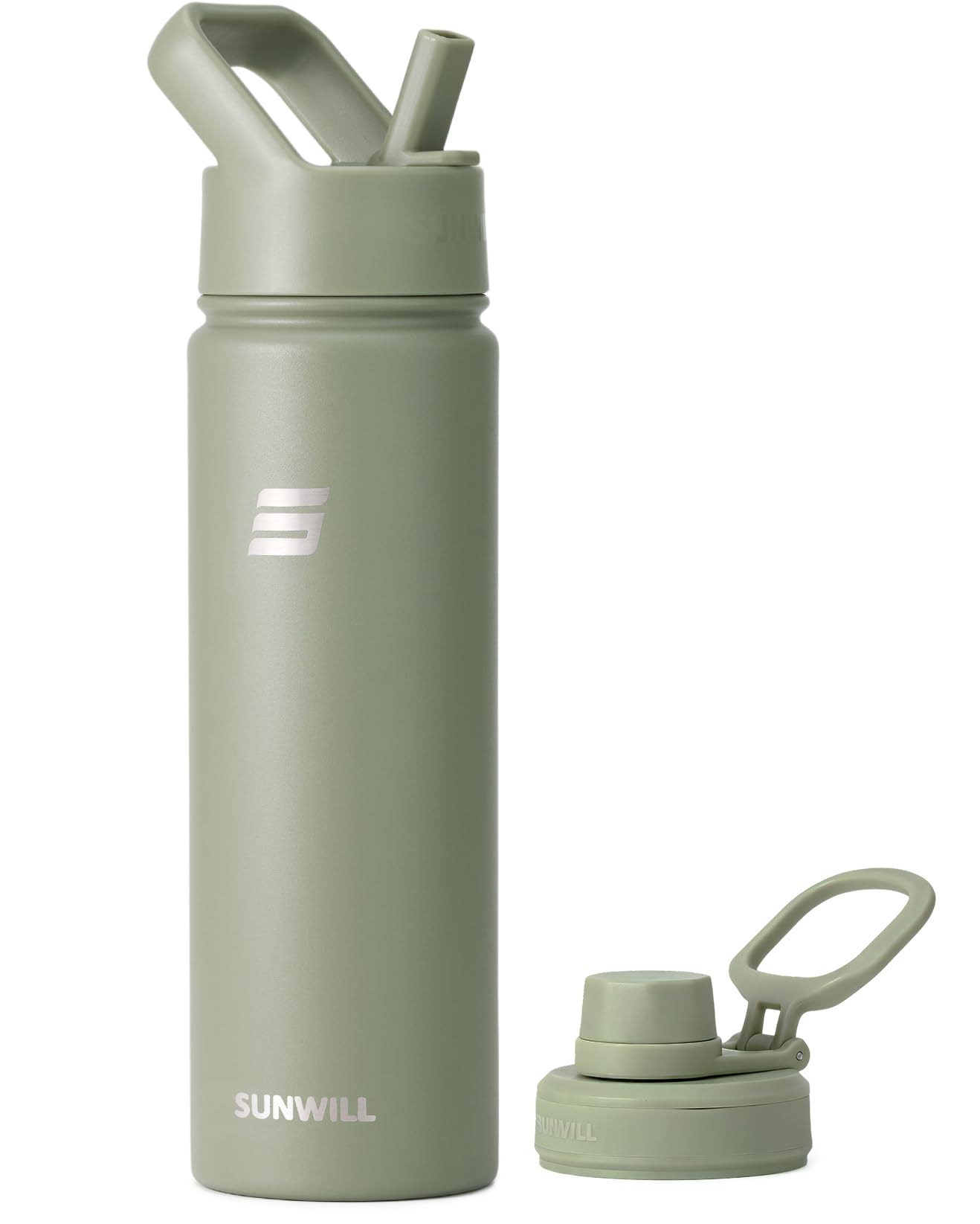 SUNWILL Metal Water Bottle with Straw Stainless Steel, 650ml Insulated Leakproof Thermal Flask for Cold and Hot Drink, Travel, Sports, Gym, Sage Green — image 1