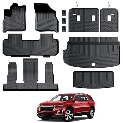 GALVAGNITE Floor Mats for Chevy Traverse 2018-2023 All Weather Floor Mats Trunk Cargo Liner with Backrest Protectors Accessories Full Coverage Set (Fit 7 Seats)