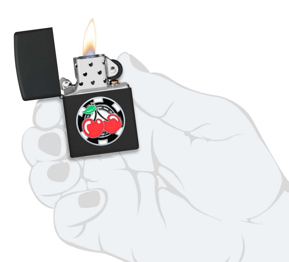 Zippo Accendino antivento – Chip da poker con ciliegie – finitura nera opaca, emblema – ricaricabile – riutilizzabile – design antivento – confezione regalo – Made in USA
